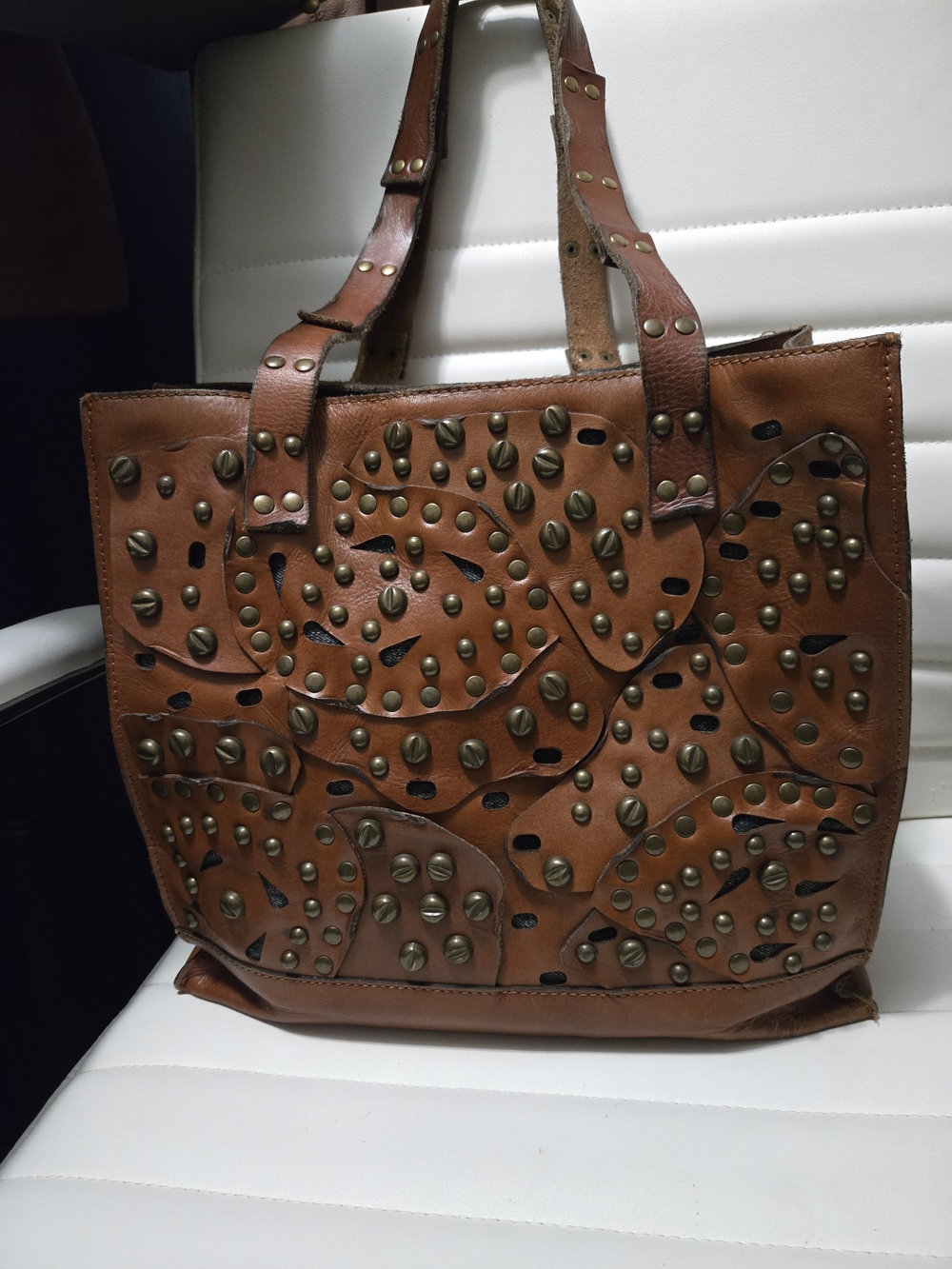 Patricia Nash Brown Leather Patchwork Perforated Studded Tote. GUC
